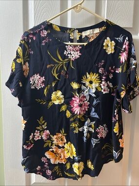 Loft Floral Short-Sleeve Blouse - Navy with Yellow & Pink Flowers, large